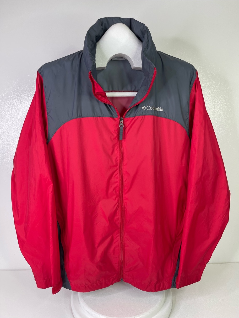 Columbia Waterproof Rain Jacket Mens Medium Red Grey Full Zip Stowaway Hood Coat